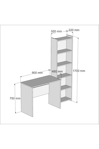 Ferniso Mobilya Çalışma Masası+5 Bölmeli Kitaplık Ceviz-beyaz Ceviz  -  Beyaz