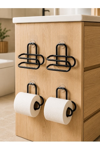 Siyah 4 Adet Metal Tuvalet Kağıdı Tutucu Kendinden Yapışkanlı Delmeden Montaj Banyo Askısı Şeffaf