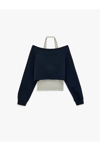 Koton Rahat Kalıp Uzun Kollu Boyundan Bağlama Detaylı Crop Baskılı Sweatshirt Lacivert 6sal10378ık