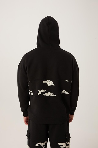 Polostate Erkek Kamuflaj Baskılı Kapüşonlu Sweatshirt Siyah