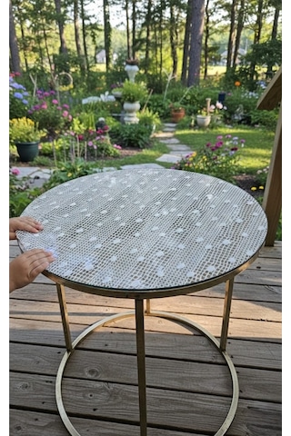 Lüks Çeyizlik Yuvarlak Pvc Dantel Desenli Orta Sehpa Masa Örtüsü Kaliteli, Dekoratif Ekru