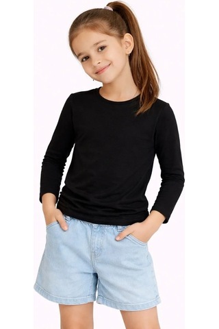 Mzpkartan Kız Çocuk Basic Uzun Kollu Tişört Okul Günlük Rahat T-shirt - Siyah