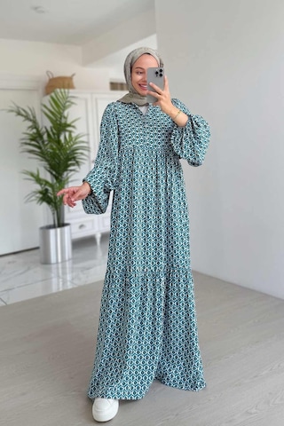 Geometrik Desenli Kuşaklı Elbise - Mavi Mavi