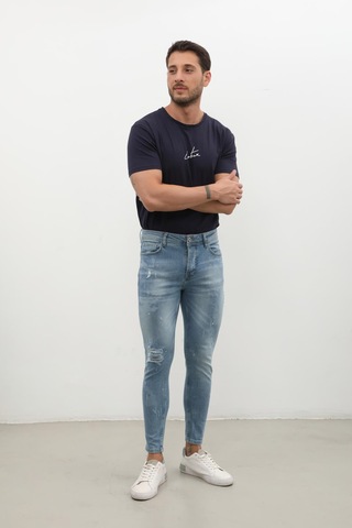 Erkek Skinny Ripped Jean Açık Mavi Koyu Mavi