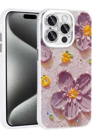 Apple Uyumlu iPhone 15 Pro Kılıf Çiçek Desenli Parlak Taşlı Sert Silikon Zore Garden Kapak Mor