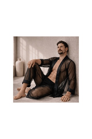 Qmen Style Erkek Kimono Takımı - 3 Lü File Set Bornoz + Pantolon + Şort Siyah