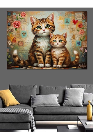 Ahşap Tablo Çiçekli Bahçede Anne Yavru Kedi Çocuk Odası Tabloları