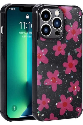 Apple Uyumlu iPhone 13 Pro Kılıf Simli Desenli Kamera Korumalı Parlak Zore Popy Kapak Çiçek