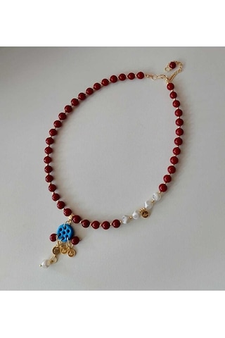 Luna Yeşil Tibet Akiği Lav Taşı Siyah Oniks Süryani Cam Boncuk Detaylı Tasarım Kolye Bordo
