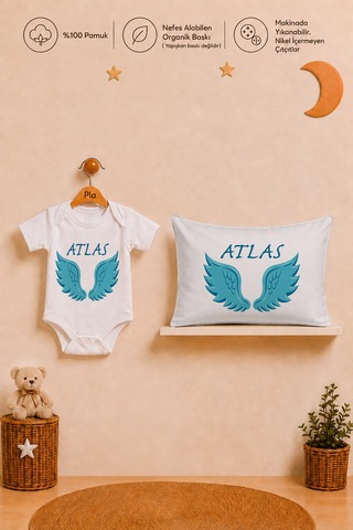 Pia Baby Erkek Bebek İsme Özel Hediye Seti %100 Pamuk Body Yastık Kılıfı Ve Ham Bez Bebek Kıyafet Kesesi 2017byk6x Ekru