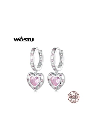 Wostu Düğün Takısı 925 Ayar Gümüş Pembe Cz Kalp Bırak Dangle Küpe Kadınlar İçin Platin Plaka Aşk Kalp Kız Çemberler Hediye