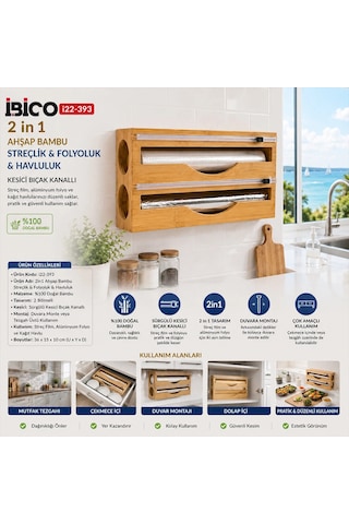 2ın1 Ahşap Bambu Streçlik - Folyoluk - Havluluk Kesici Bıçak Kanallı Bx40 19 x 7 CM