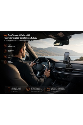 Nvg Saat Tasarımlı Katlanabilir Manyetik Torpido Üstü Telefon Tutucu 360 Dönebilen Araç İçi Telefon Standı Siyah
