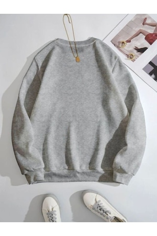 Spiritual Çizgi Figür Sweatshirt - Gri Baskılı Oversize Kalın Kışlık Bisiklet Yaka Gri