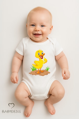 Babyden's %100 Pamuklu Sevimli Hayvan Figürlü Bebek Body Unisex Çıtçıtlı Kısa Kollu Zıbın Ördek Beyaz