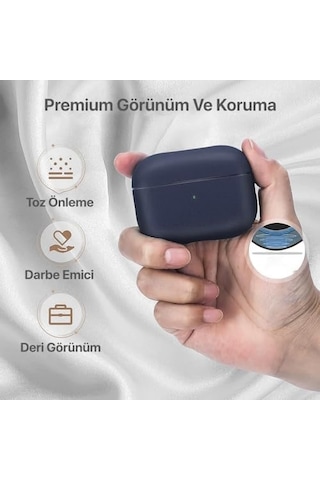 Airpods Pro 3 İle Uyumlu Leather Skin Parmak İzi Tutmayan Ve Çizilmeyen Dış Yüzeye Sahip Mükemmel Koruma Sağlayan Orta Sertlikte Silikon Kılıf Lacivert, Airpods Pro 3. Nesil 2025