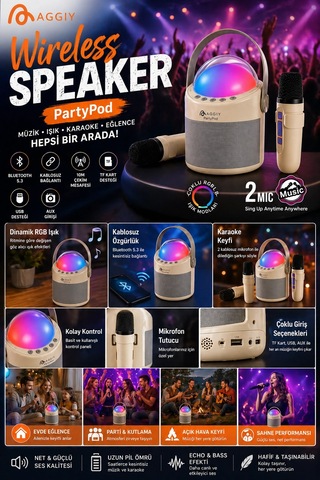 Partypod Bluetooth 5.3 Destekli Çok Fonksiyonlu Kablosuz Mikrofon Ve Hoparlör Aklby-bsva58