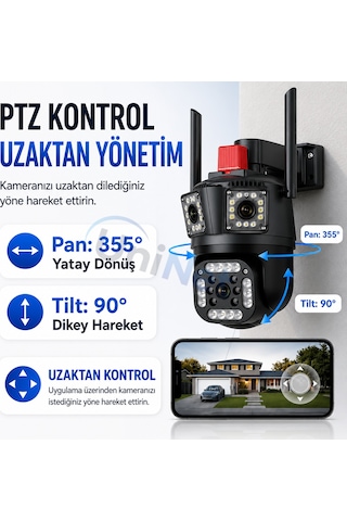 Uninet 9mp Çift Lensli Wifi Ptz Güvenlik Kamerası 3 Ekran Görüntü, 50 Metre Gece Görüşü Ve Polis Çakarı