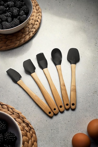 5 Parça Bambu Saplı Mini Supatula Seti Siyah