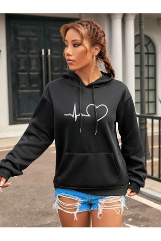 Kadın Kalp Çizgi Baskılı Oversize Kapşonlu Sweatshirt Siyah