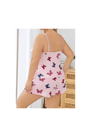 Lily Bianca Nightwear Çilek Desenli Askılı Ve Şortlu Büyük Beden Penye Gecelik Beyaz