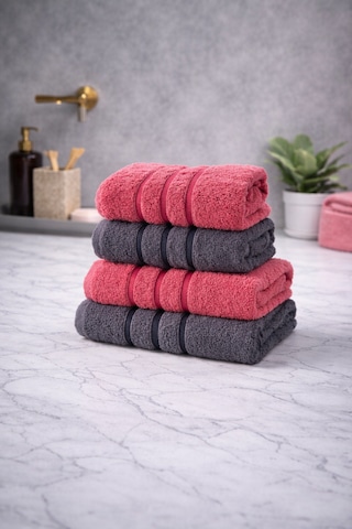 4'lü Pamuklu Banyo Havlu Seti 70x140-50x70 Antrasit - Pembe