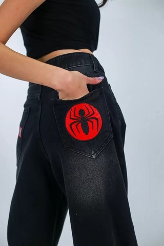 Paradise Spider Nakışlı Baggy Jean Siyah Çok Renkli