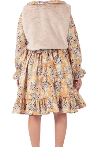 Kız Çocuk Çiçek Desenli Peluş Yelekli Midi Boy Astarlı Elbise Hardal