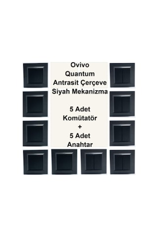 Ovivo Quantum Antrasit Çerçeve Siyah Mekanizma 5 Adet Komütatör + 5 Adet Anahtar