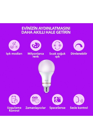 Philips Smart Lighting Led Ampul A60 E27 60w Eşdeğer Rgb 2'li Paket - Google Home, Alexa, Homekit Ve Matter Uyumlu Çok Renkli