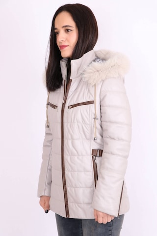 Ekru Hakiki Deri Kürklü Çıkarılabilir Kapüşonlu Kapitoneli Mont K