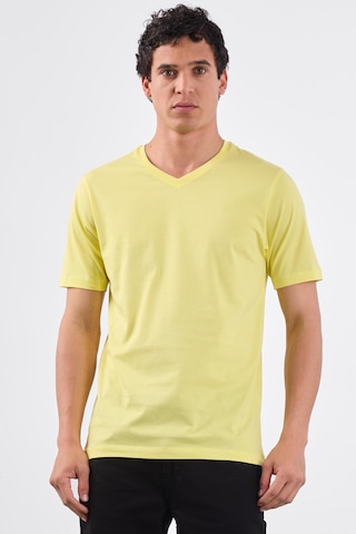 Dufy Sarı V Yaka Pamuklu Düz Renk Slim Fit Erkek T-shirt Sarı