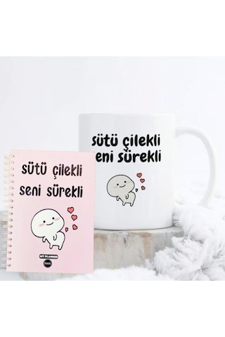 Sütü Çilekli Seni Sürekli Tasarımlı Konuşan Ajanda Ve Kupa Bardak