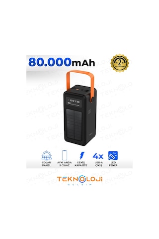 Güneş Enerjili Solar Powerbank 80.000 Mah Dijital Göstergeli El Fenerli 4 Çıkış Taşınabilir Batarya Siyah
