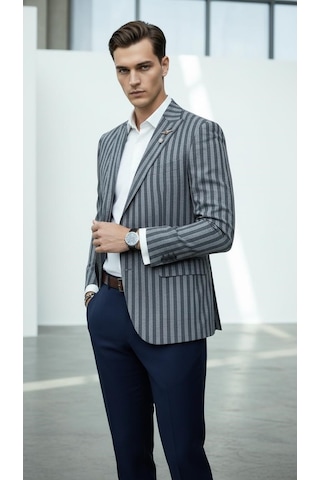 Plus Scorpion Erkek Sivri Yaka Çift Yırtmaçlı Tek Düğmeli Slim Fit Blazer Ceket Lacivert