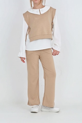 Kız Çocuk 3'lü Takım Pantolon+yelek+bluz 12429 Krem