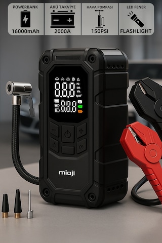 Mioji D8H Plus 4in1 16000mah 2000a Akü Takviye + Hava Pompası + Led Fener + Powerbank