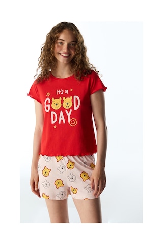Penti Kırmızı Good Day Ayı Desenli Kısa Kollu Şort Pijama Takımı