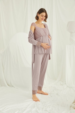 Lohusa Sepeti Lohusasepeti Sabahlıklı Dantelli Omuz Lohusa Pijama Takımı Vizon - 18441 001