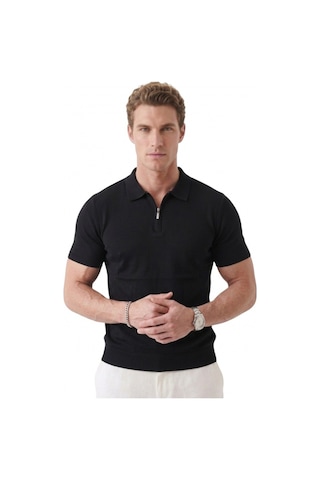 Deepsea Erkek Siyah Slim Fit Nefes Alan Pamuklu Polo Yaka Tişört Dar Kesim Likralı Triko Tişört 2505001 Siyah