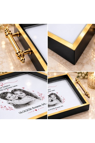Bk Gift Kişiye Özel Fotoğraflı Siyah&gold Söz Nişan Tepsisi-2 - 39x23 Cm Çok Renkli