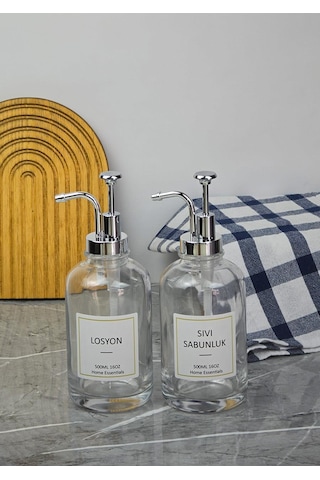 Cam Sıvı Sabunluk Seti - 2li Spreyli Losyon Ve Sabun Dispenseri - 2x500 Ml Şeffaf