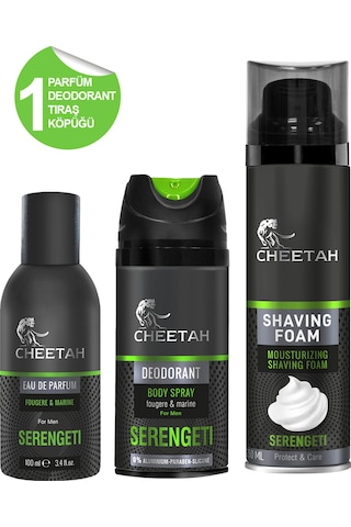 Cheetah Serengenti Erkek Parfüm EDP 100 ML + Sprey Deodorant 150 ML + Tıraş Köpüğü 250 ML