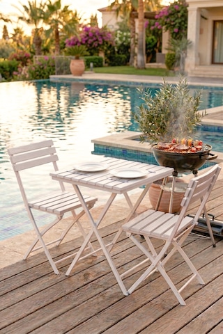 Katlanabilir 3'lü Masa Sandalye Bahçe & Bistro & Kamp & Balkon Takımı - Beyaz
