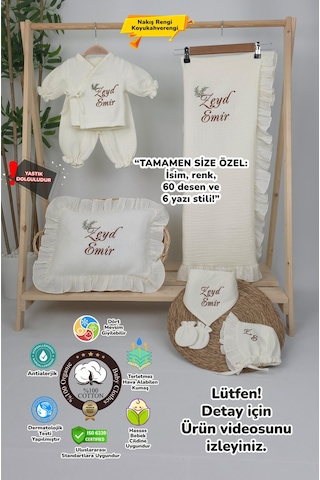 Gros Shop Müslin Yeni Doğan 4katlı Organik %100pamuk Kişiye Özgü Nakışlı Hastane Çıkış Seti İkili Dal Model-5 Ekru-2