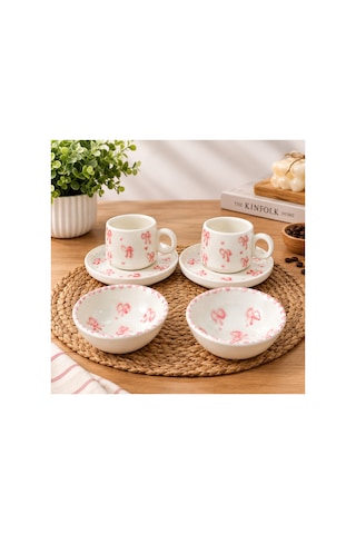 Kase Li 2 Li Fincan Takımı Fiyonk Desen Pembe Pembe