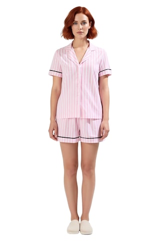 Ersefa Kadın Gömlek Şortlu Çizgili Pijama Takımı Fonksiyonel Dayanıklı K Pembe