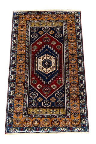El Dokuması Yahyalı Halısı 122x210 Kök Boyası Kırmızı Lacivert %100 Yün Halı Renkli