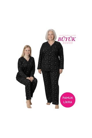 Siyah Çiçekli Dantel Detaylı V Yaka Düğmeli Mevsimlik Pamuk Likra Uzun Kol Pijama Takımı-geniş Kalıp Siyah