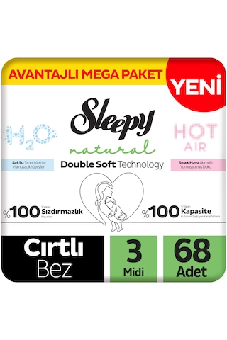 Sleepy Natural Double Soft Avantajlı Mega Paket Bebek Bezi 3 Numara Midi 68 Adet